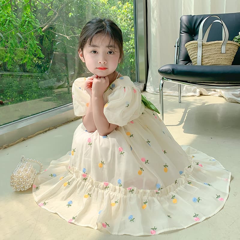 フォーマルワンピース ふんわり袖 小花刺繍 リボン飾りワンピース