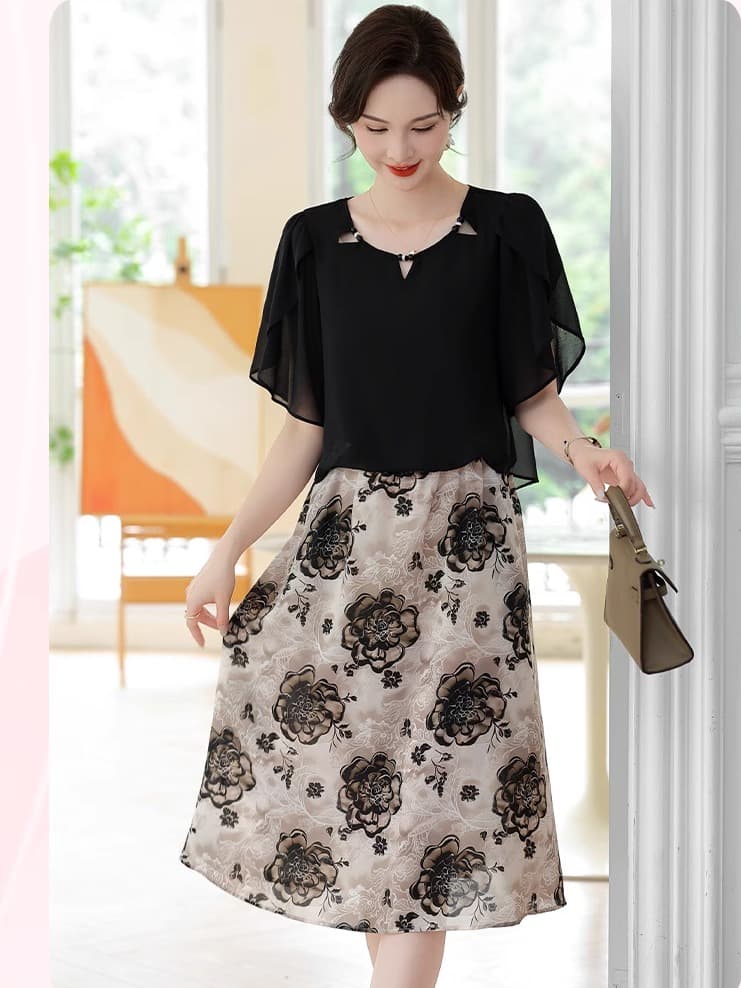 フォーマルワンピース 花柄シフォン切替えワンピース　大きめサイズ
