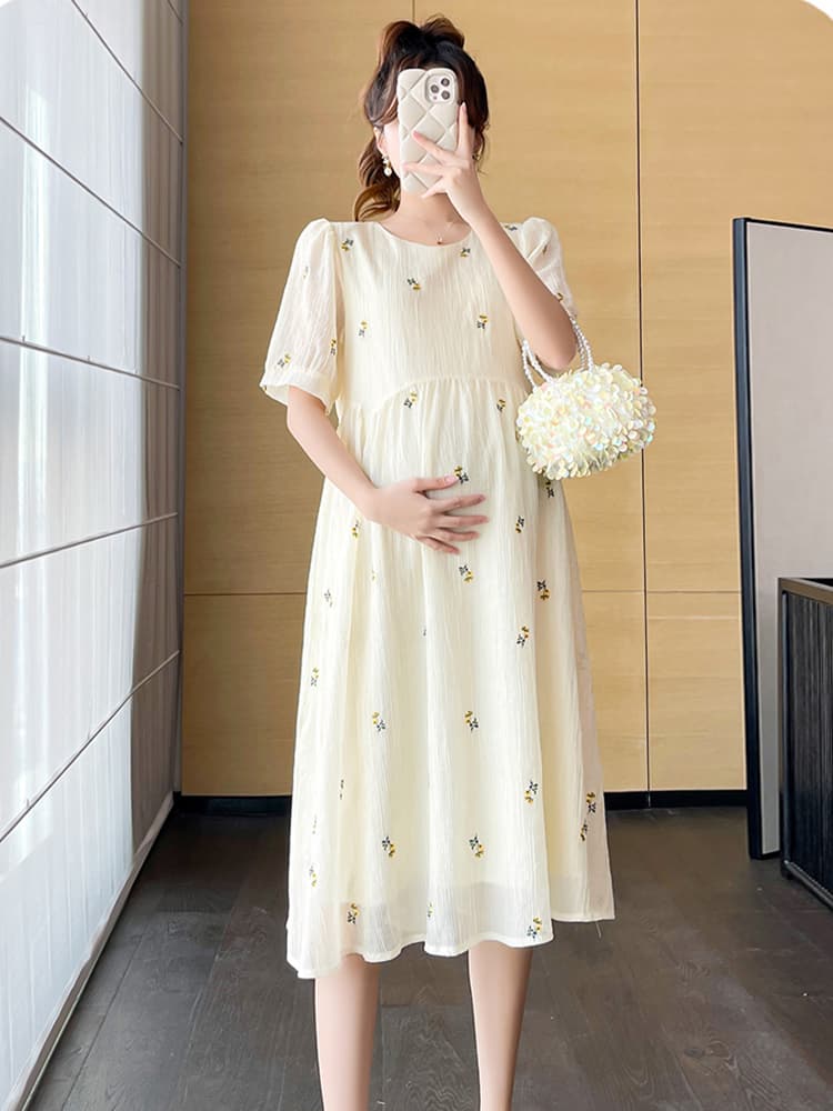 フォーマルワンピース 花柄刺繍入りハイウエストマタニティドレス