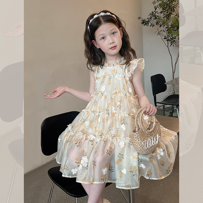 フォーマルワンピース 花柄チュールティアードワンピース