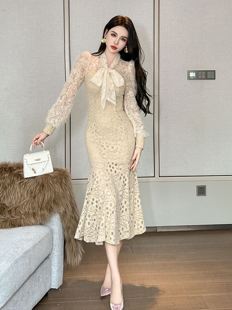 フォーマルワンピース 優美リボン付きレースマーメイドドレス