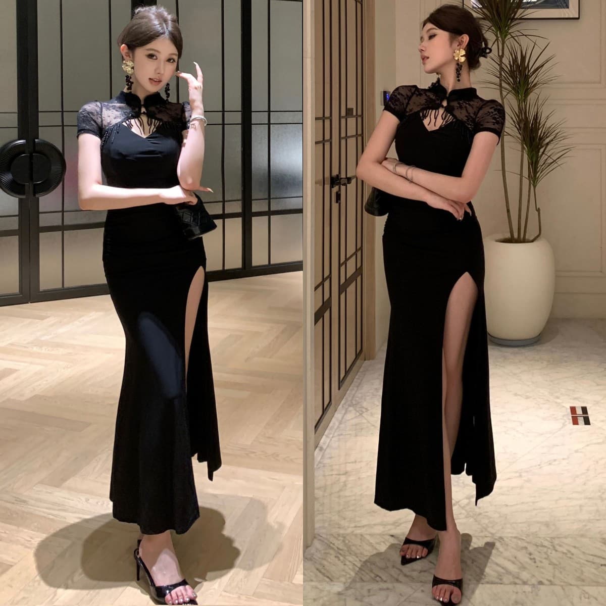 フォーマルワンピース シアーレース チャイナカラー ワンピース