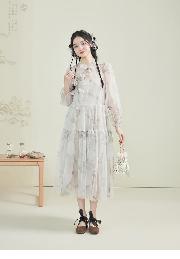 透け感レース シフォンフォーマルワンピース