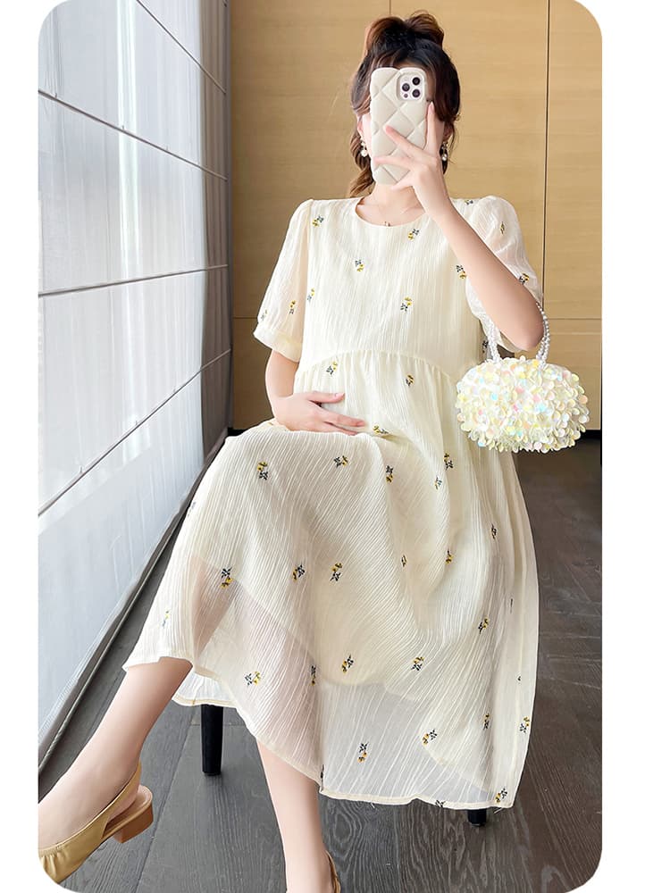 フォーマルワンピース 花柄刺繍入りハイウエストマタニティドレス