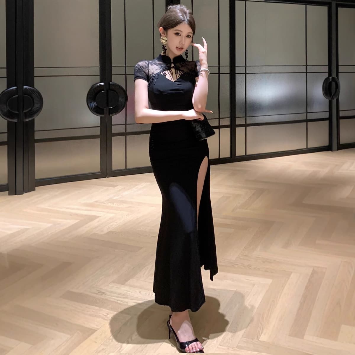 フォーマルワンピース シアーレース チャイナカラー ワンピース