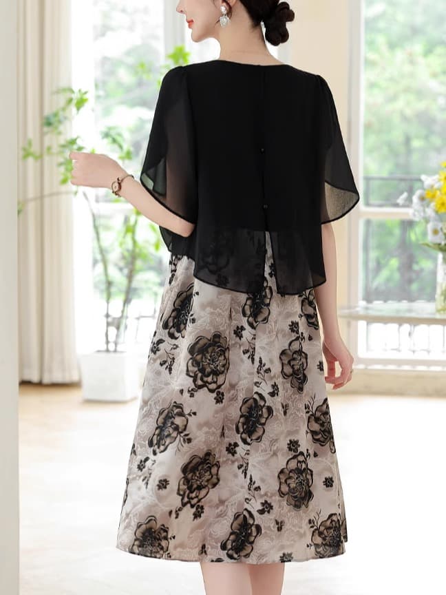 フォーマルワンピース 花柄シフォン切替えワンピース　大きめサイズ