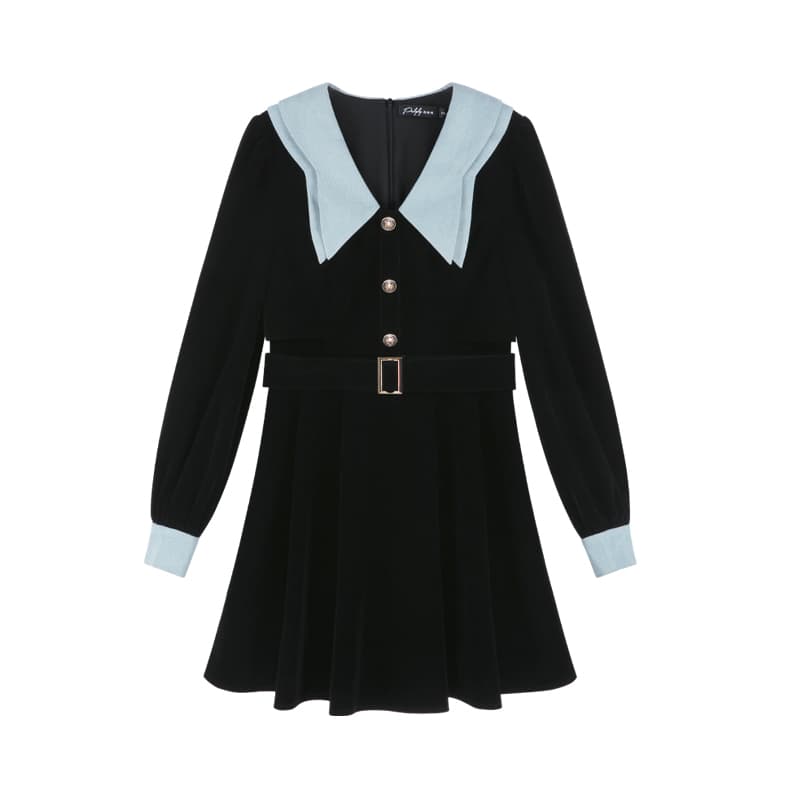 フォーマルワンピース クラシカル襟付きベロアワンピース
