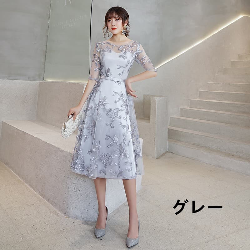 フォーマルワンピース 華やか花柄レース お呼ばれドレス 五分袖 ミモレ丈 結婚式 フレアワンピース