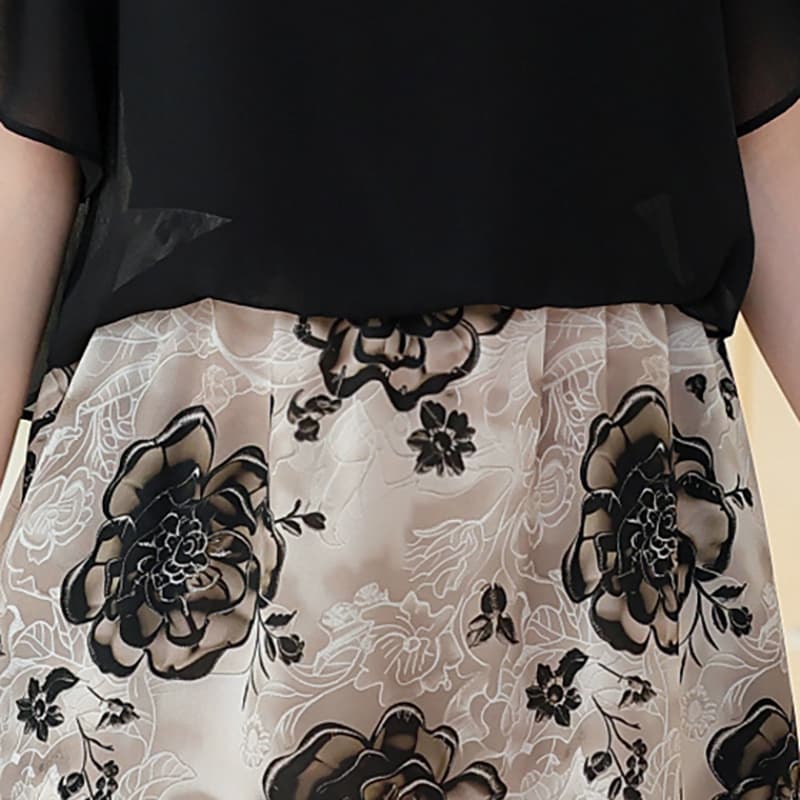 フォーマルワンピース 花柄シフォン切替えワンピース　大きめサイズ