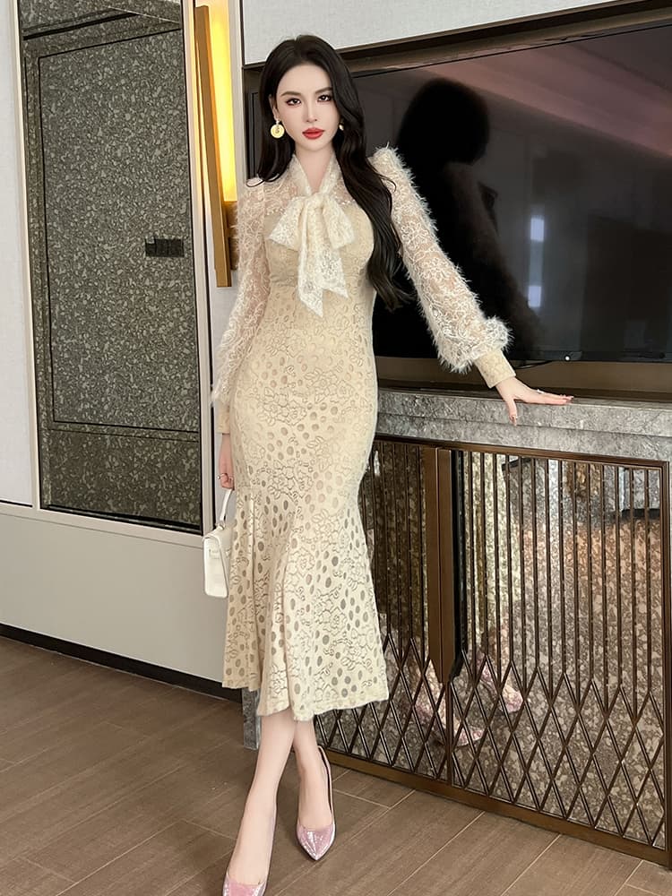 フォーマルワンピース 優美リボン付きレースマーメイドドレス