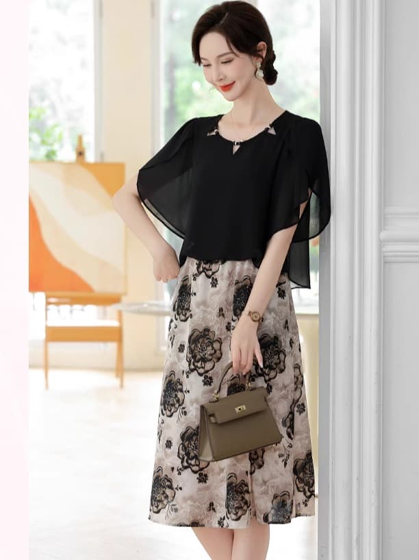 フォーマルワンピース 花柄シフォン切替えワンピース　大きめサイズ
