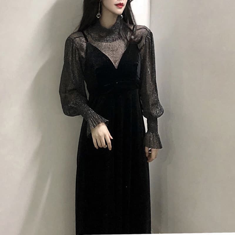 フォーマルワンピース きらめくベルベット襟付きロングワンピース